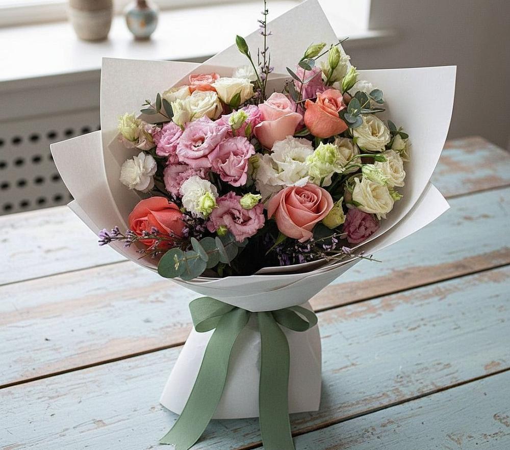 Букет цветов из: Розы, Лизиантусы и Гвоздики в Черлаке